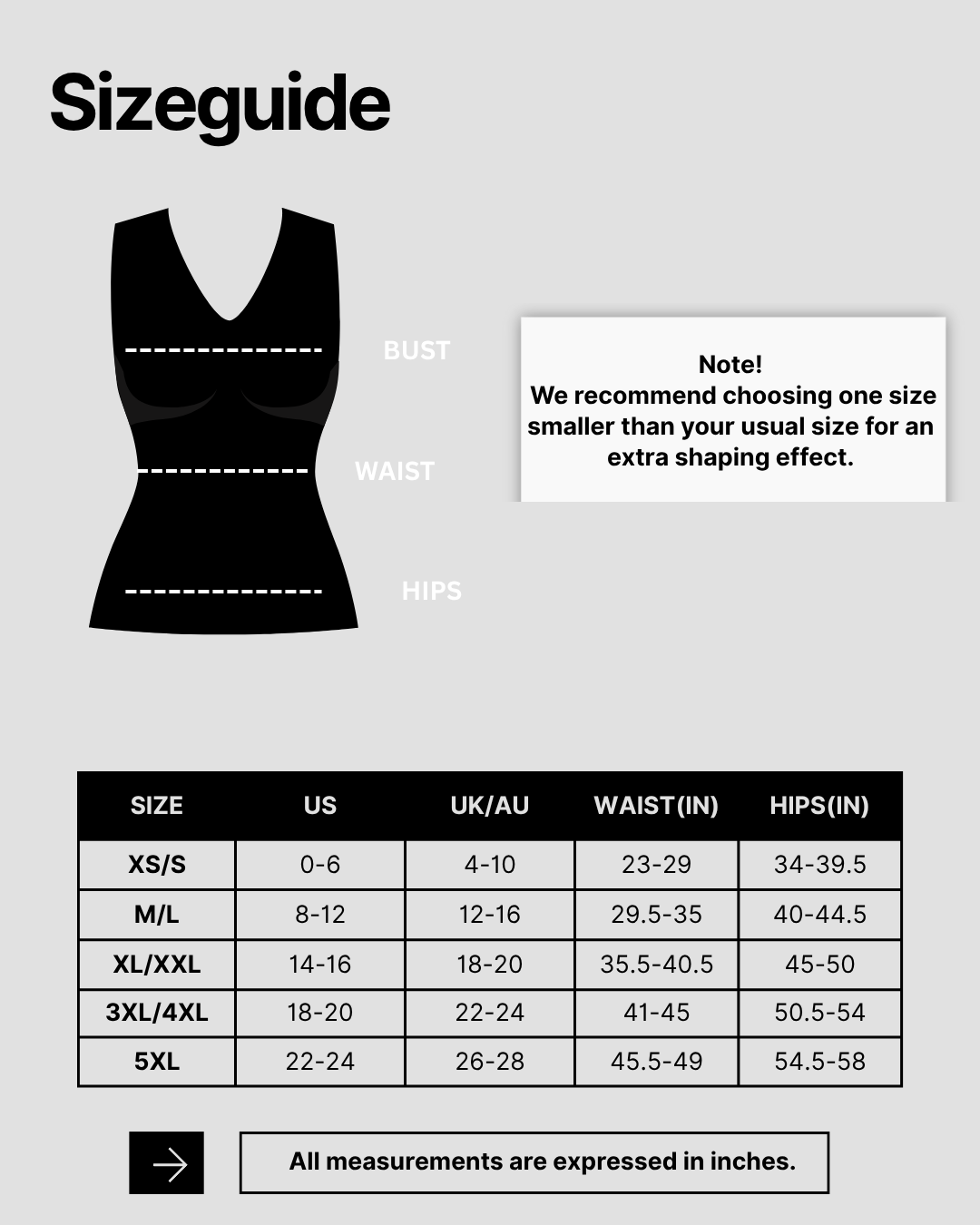 Storleksguide för Seamless shaper bodysuit with cap sleeves