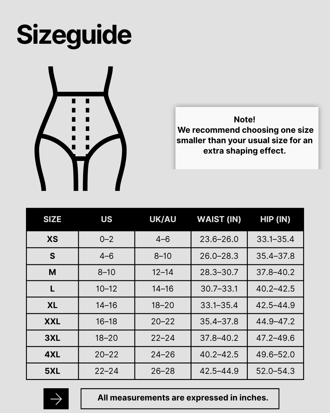 Storleksguide för Waist & butt shaper with high waist and removable pads