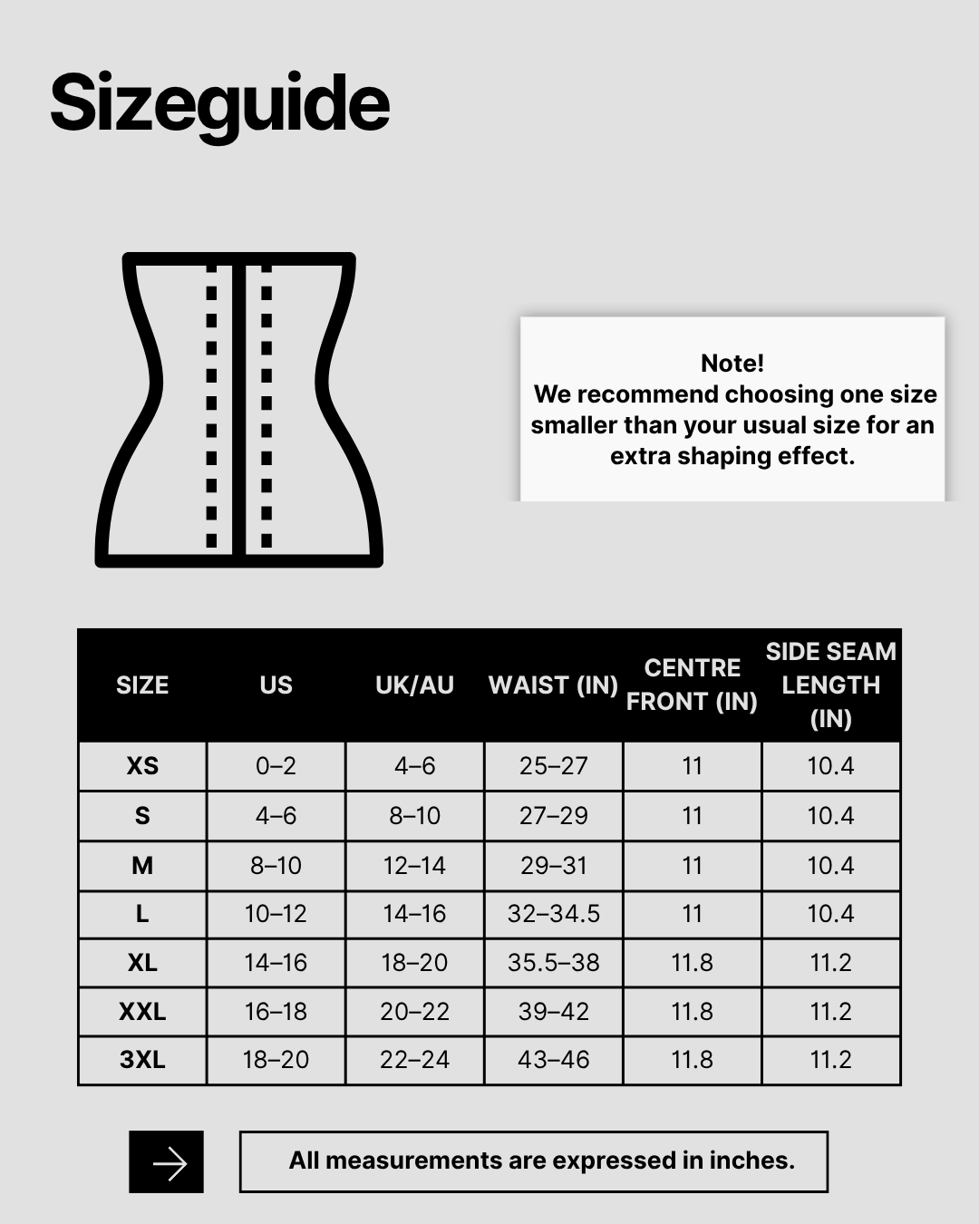 Storleksguide för Waist trainer with high compression and tummy control