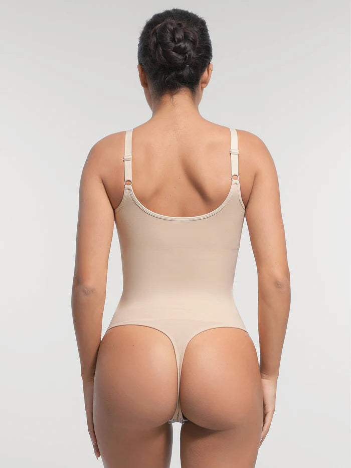 Seamless shaping bodysuit with built-in bra and thong design