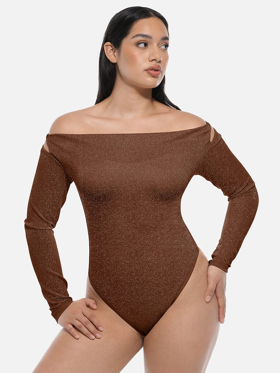 Glossy shapewear bodysuit with built-in bra and thong design