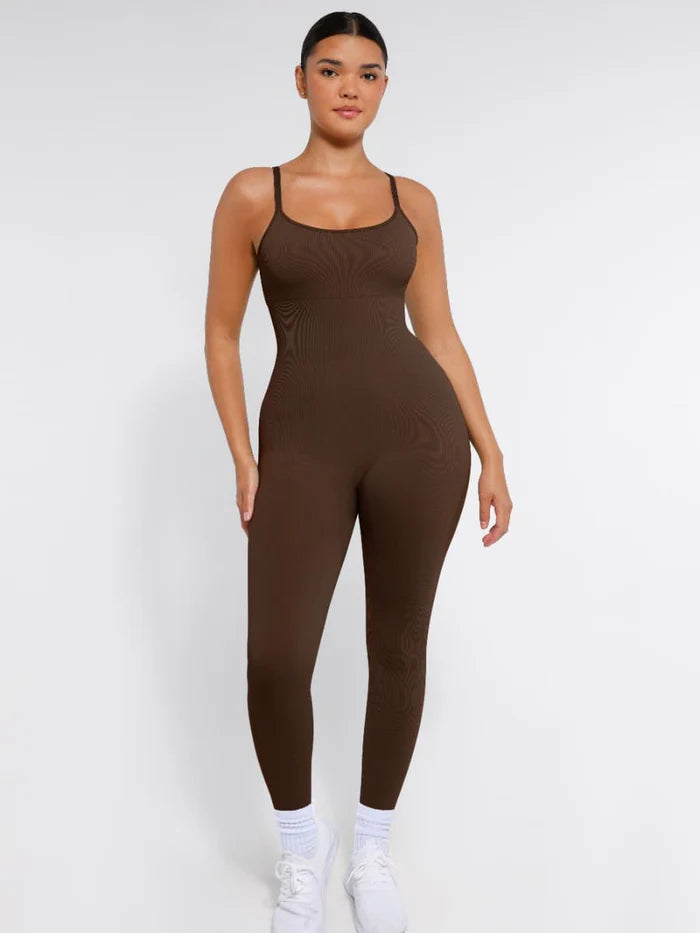 Stretchy jumpsuit with thin straps and tummy control