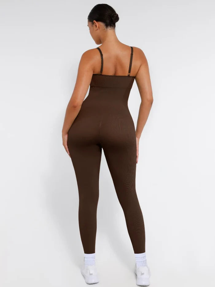 Stretchy jumpsuit with thin straps and tummy control