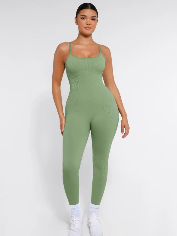 Stretchy jumpsuit with thin straps and tummy control