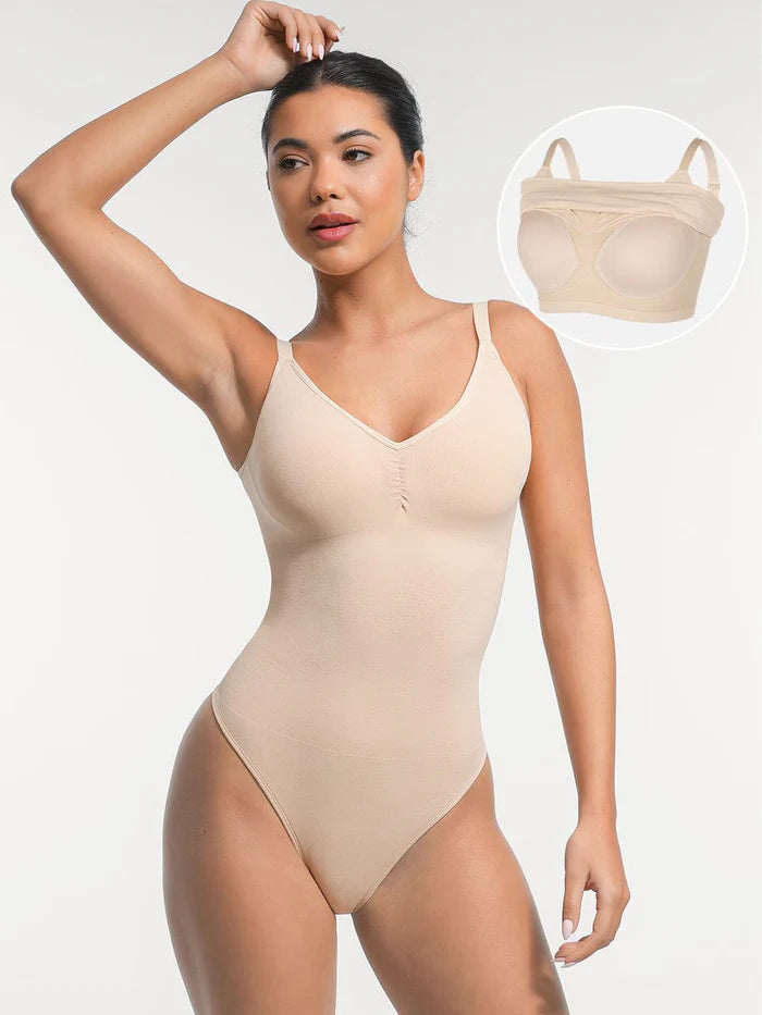 Seamless shaping bodysuit with built-in bra and thong design