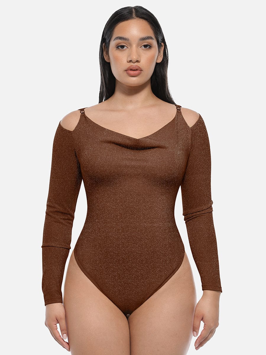 Glossy shapewear bodysuit with built-in bra and thong design