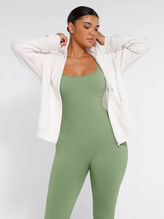 Stretchy jumpsuit with thin straps and tummy control
