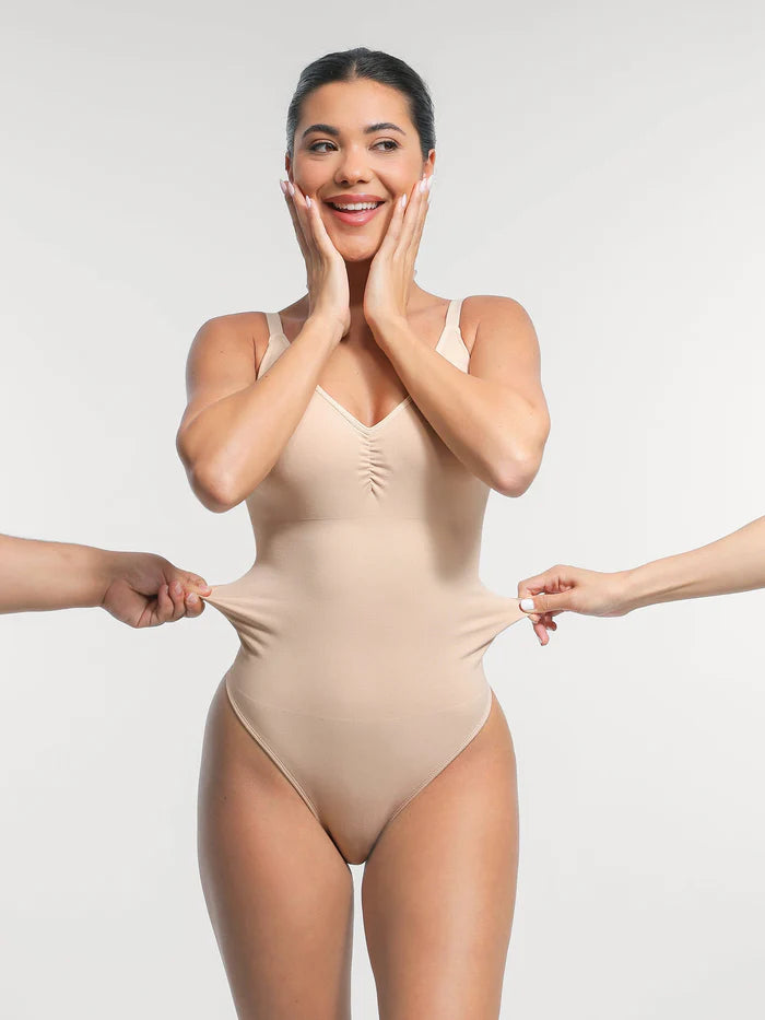 Seamless shaping bodysuit with built-in bra and thong design