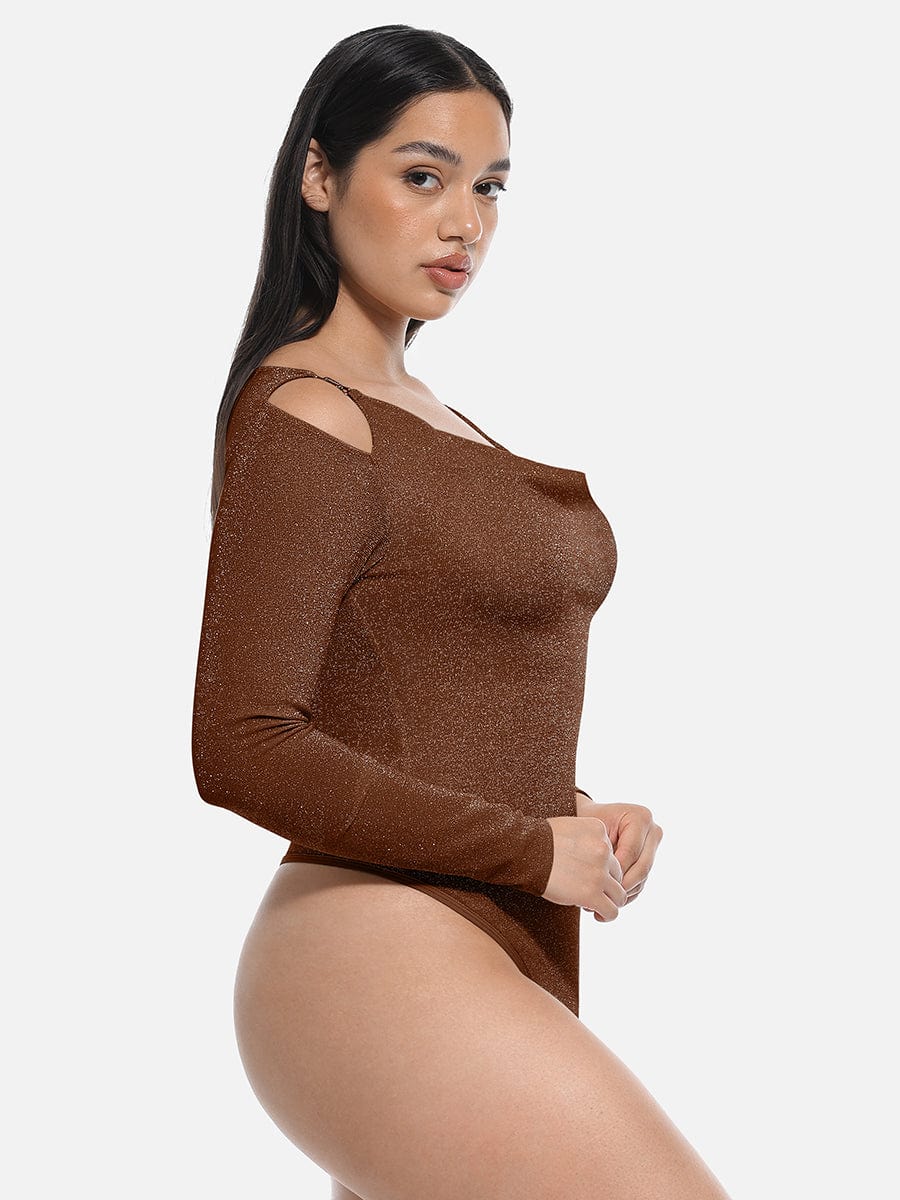 Glossy shapewear bodysuit with built-in bra and thong design