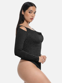 Glossy shapewear bodysuit with built-in bra and thong design