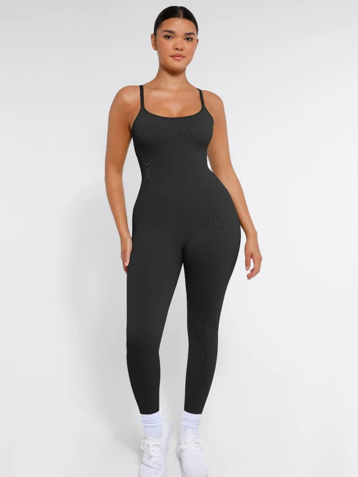Stretchy jumpsuit with thin straps and tummy control