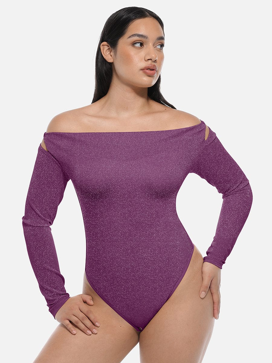 Glossy shapewear bodysuit with built-in bra and thong design