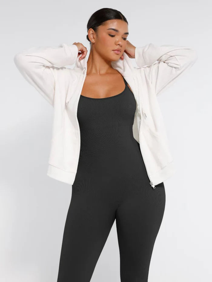 Stretchy jumpsuit with thin straps and tummy control