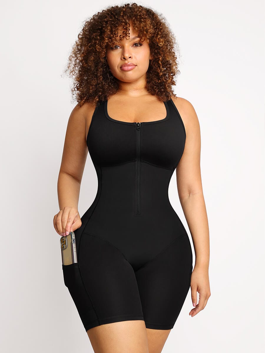 Shaping workout bodysuit with pockets