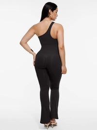 Shaping jumpsuit with asymmetric straps and flared legs