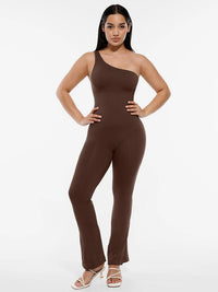 Shaping jumpsuit with asymmetric straps and flared legs