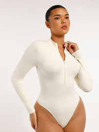 Shaping bodysuit with long sleeves, zipper, and thong design
