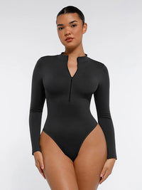 Shaping bodysuit with long sleeves, zipper, and thong design