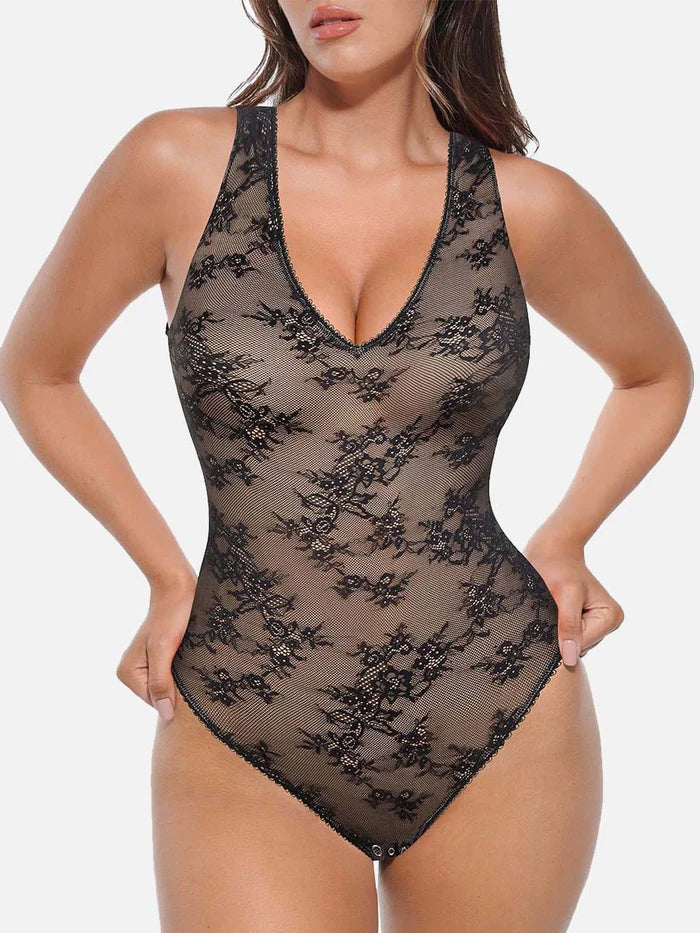 Seamless lace bodysuit with deep V-neckline