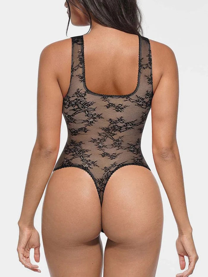 Seamless lace bodysuit with deep V-neckline