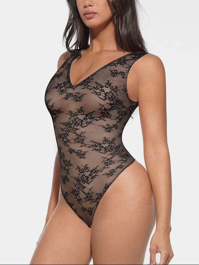 Seamless lace bodysuit with deep V-neckline
