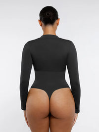 Shaping bodysuit with long sleeves, zipper, and thong design