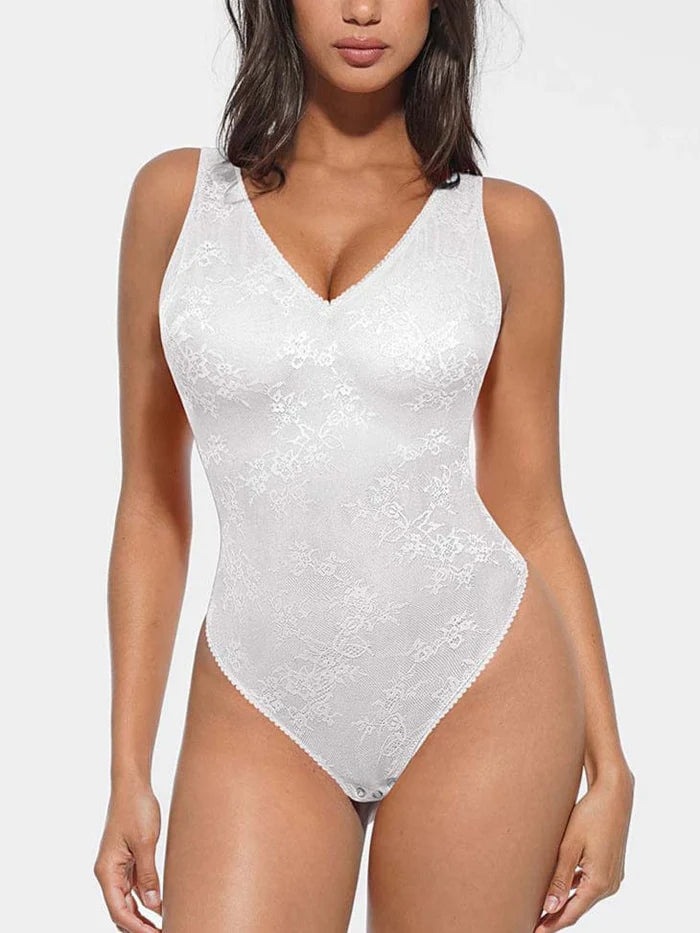 Seamless lace bodysuit with deep V-neckline