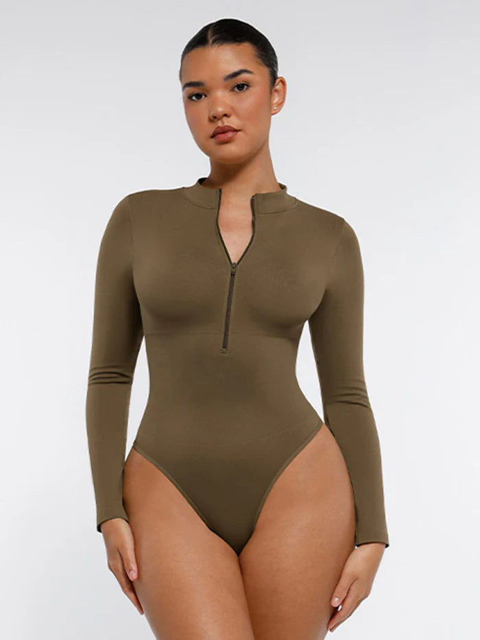 Shaping bodysuit with long sleeves, zipper, and thong design