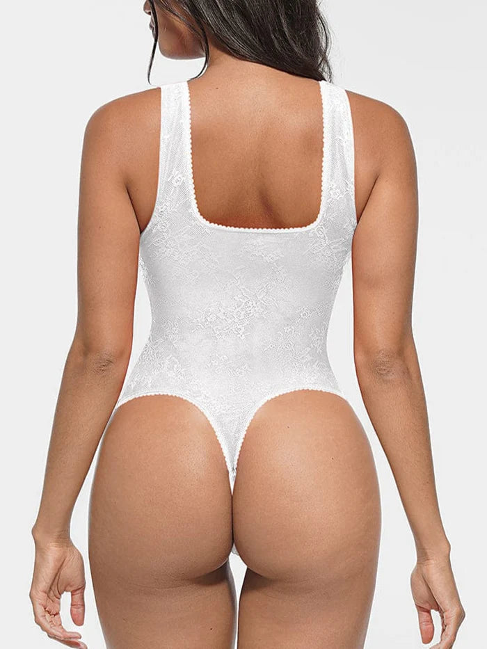 Seamless lace bodysuit with deep V-neckline