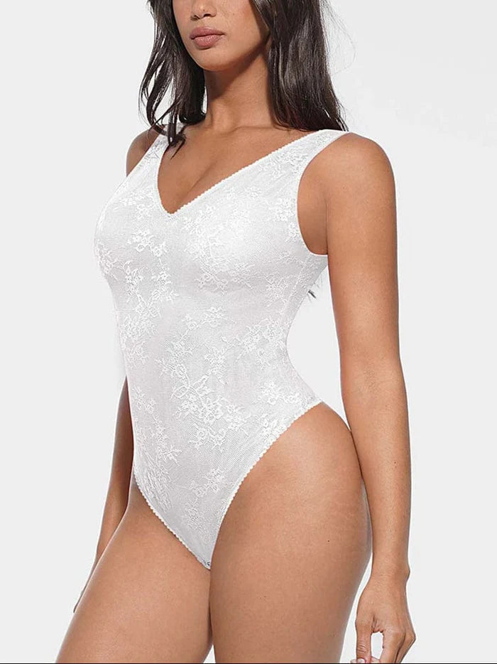 Seamless lace bodysuit with deep V-neckline