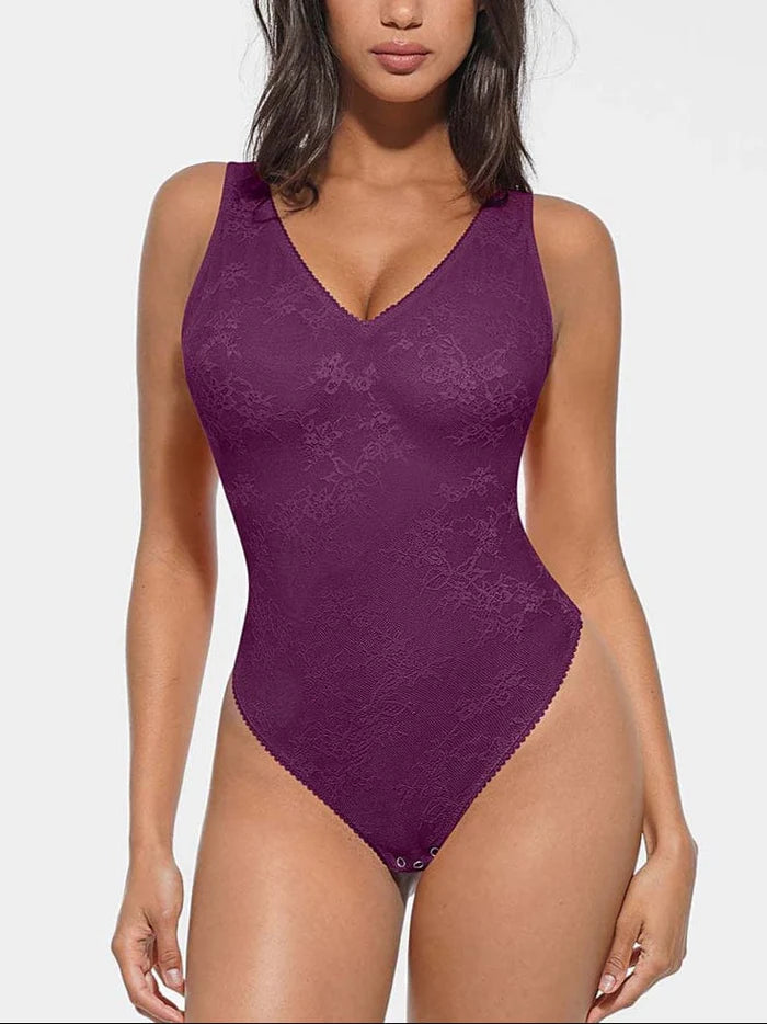 Seamless lace bodysuit with deep V-neckline