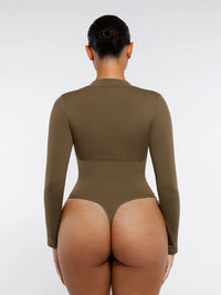 Shaping bodysuit with long sleeves, zipper, and thong design